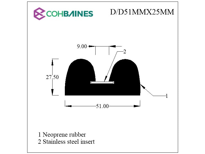 DOUBLE D FENDER 51MM X 25MM WITH STAINLESS STEEL INSERT D/D51MMX25MM