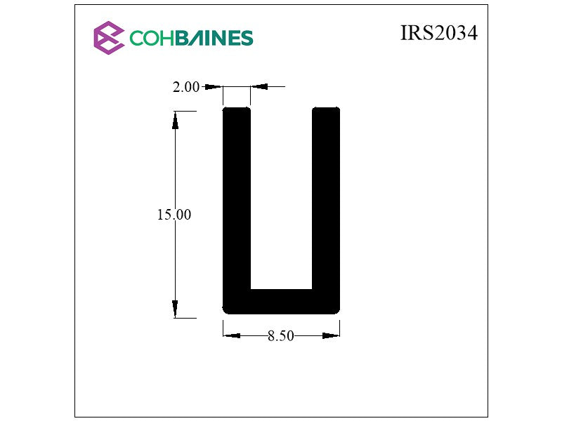 RUBBER SQUARE U CHANNEL 4.5MM PANEL X 15MM HIGH X 2MM WALL IRS2034