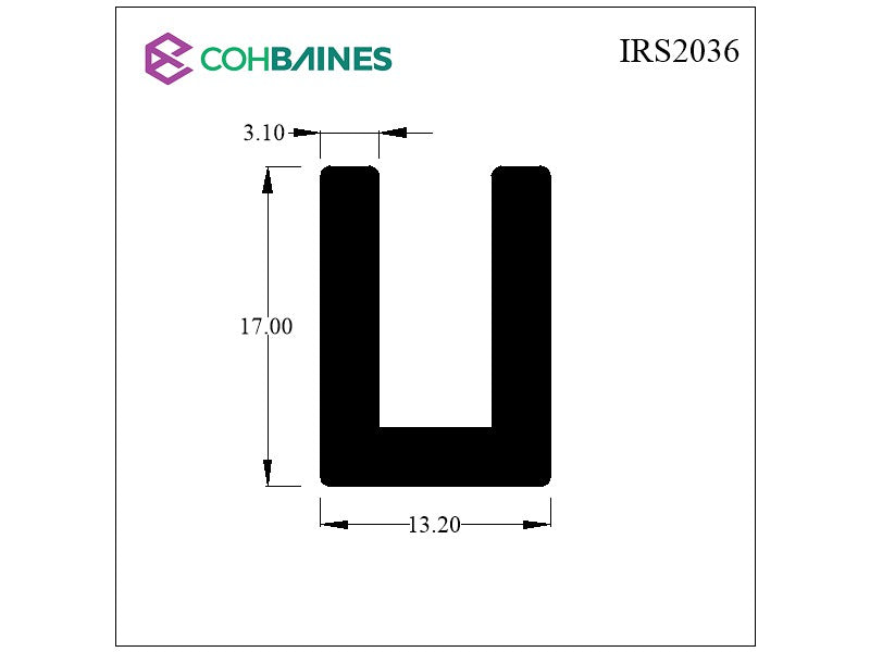 RUBBER SQUARE U CHANNEL 6MM PANEL X 16MM HIGH X 3.1MM WALL IRS2036